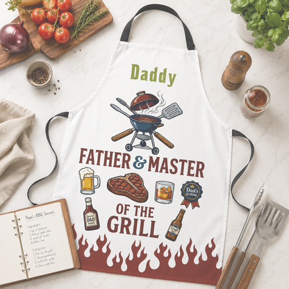 Father and Master of the Grill Apron – Funny BBQ Cooking Gift for Dad