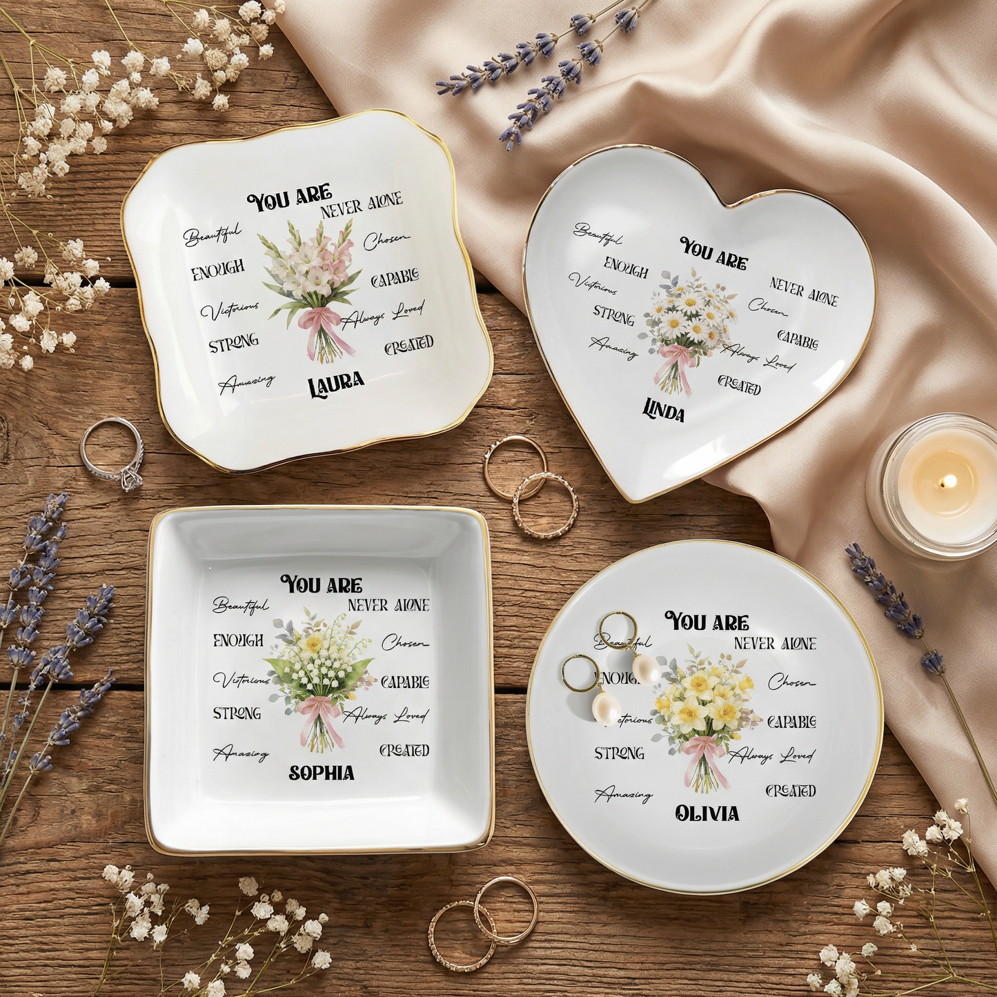 Personalized Bible Verse Ring Dish with Birth Flower – Faith Gift for Mom & Daughter – Christian Jewelry Tray