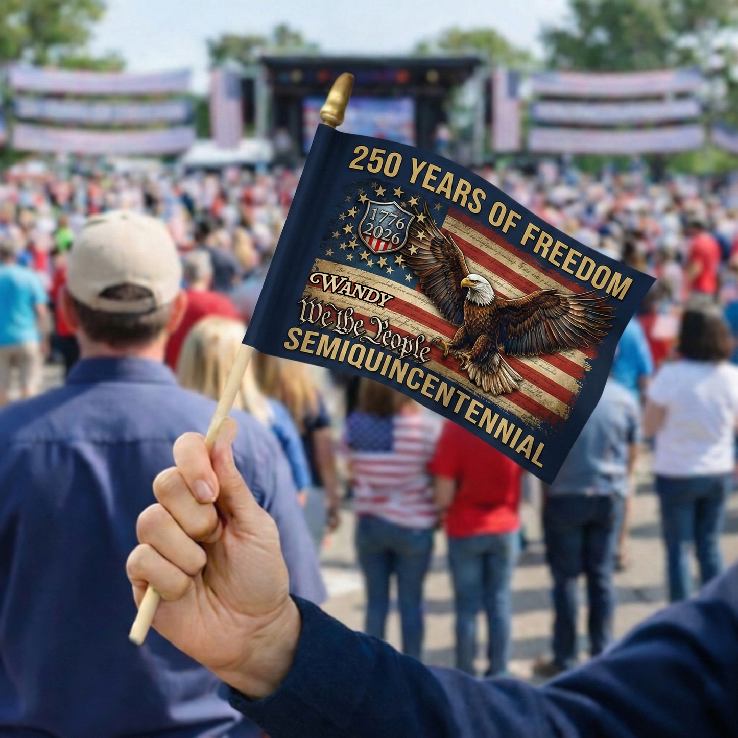 250 Years of Freedom Patriotic Handheld Flag – Custom Name USA Eagle Flag