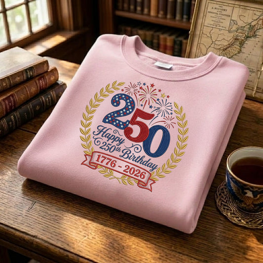 USA 250 Years Patriotic Sweatshirt - Independence Day Embroidered Flag Crewneck
