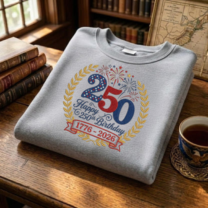 USA 250 Years Patriotic Sweatshirt - Independence Day Embroidered Flag Crewneck