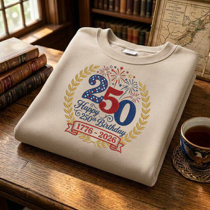 USA 250 Years Patriotic Sweatshirt - Independence Day Embroidered Flag Crewneck