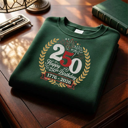 USA 250 Years Patriotic Sweatshirt - Independence Day Embroidered Flag Crewneck