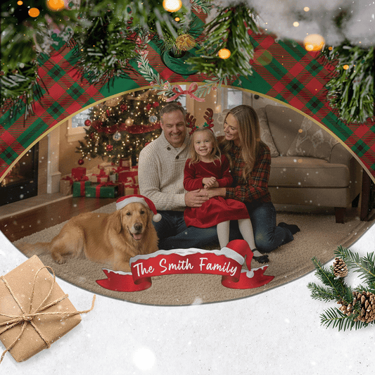 Close up of the family photo and name banner on the plaid tree skirt