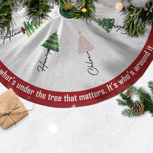 Close up of the names and trees on the Joy Around the Tree skirt