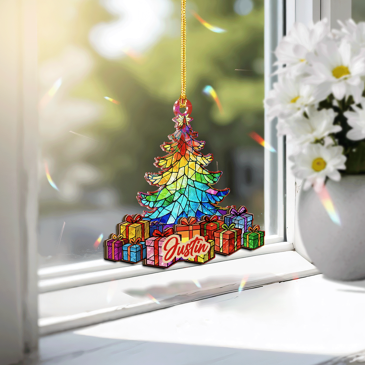Personalized Rainbow Christmas Wood And Hologram Ornament