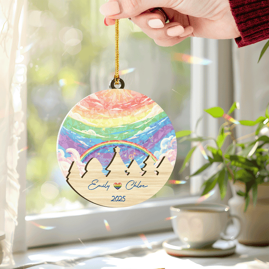 LGBT Rainbow Ever After Wood And Hologram Ornament