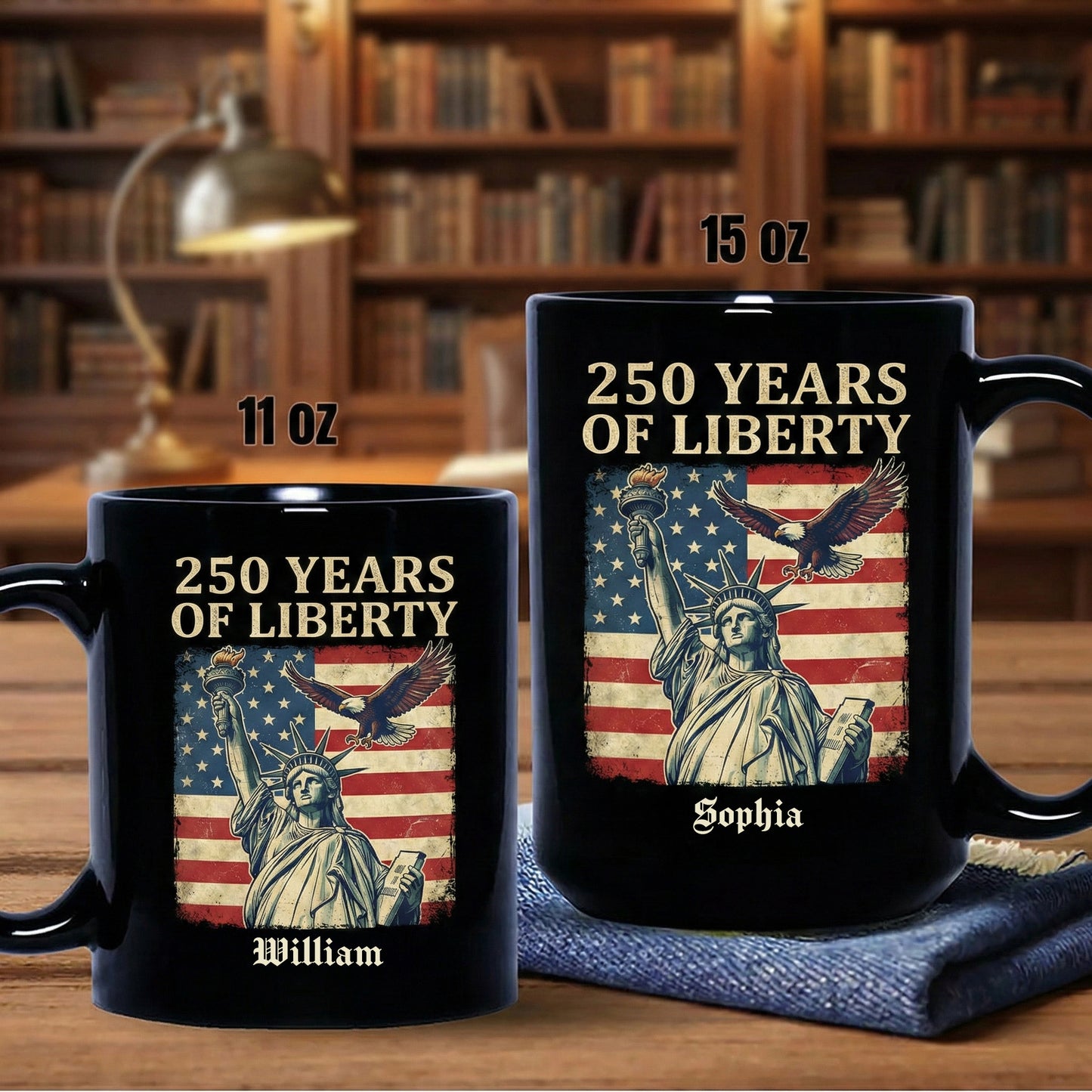 America 250 Years of Liberty Personalized Black Mug – USA 1776-2026 Patriotic Statue of Liberty Mug