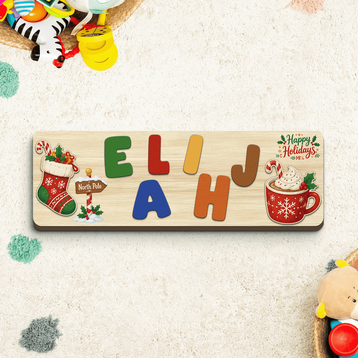 Personalized Christmas North Pole & Hot Cocoa Wooden Puzzle Board - Custom Kids Holiday Learning Toy & Nursery Decor