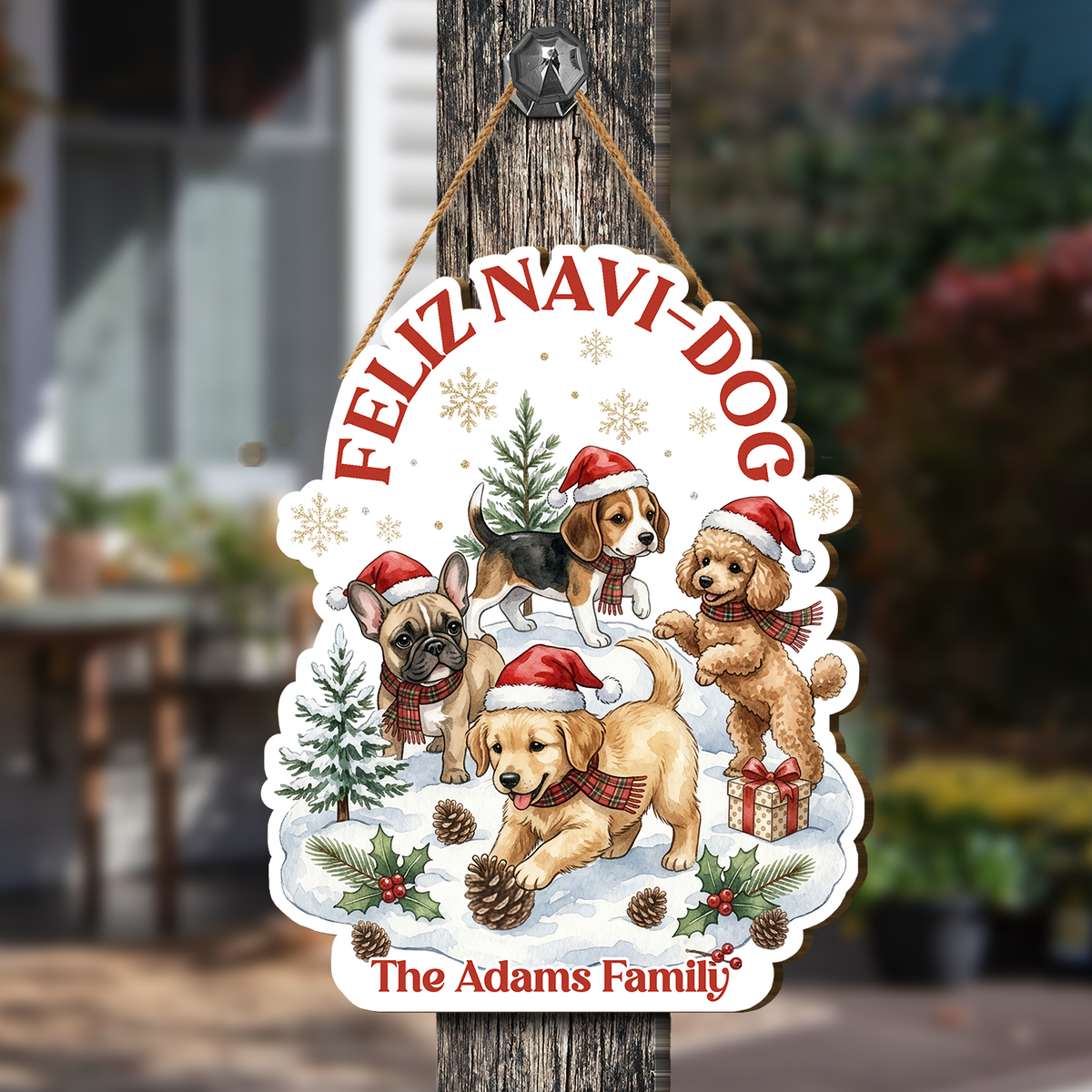 Personalized Feliz Navi-Dog Custom Shape Wood Sign, Custom Family Name Christmas Dogs Wooden Hanging Plaque, Festive Holiday Door & Wall Decor Pet Lovers Family Gift