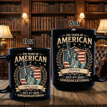 America 250 Semiquincentennial Personalized Black Mug – Custom Name July 4th 2026 Patriotic Mug
