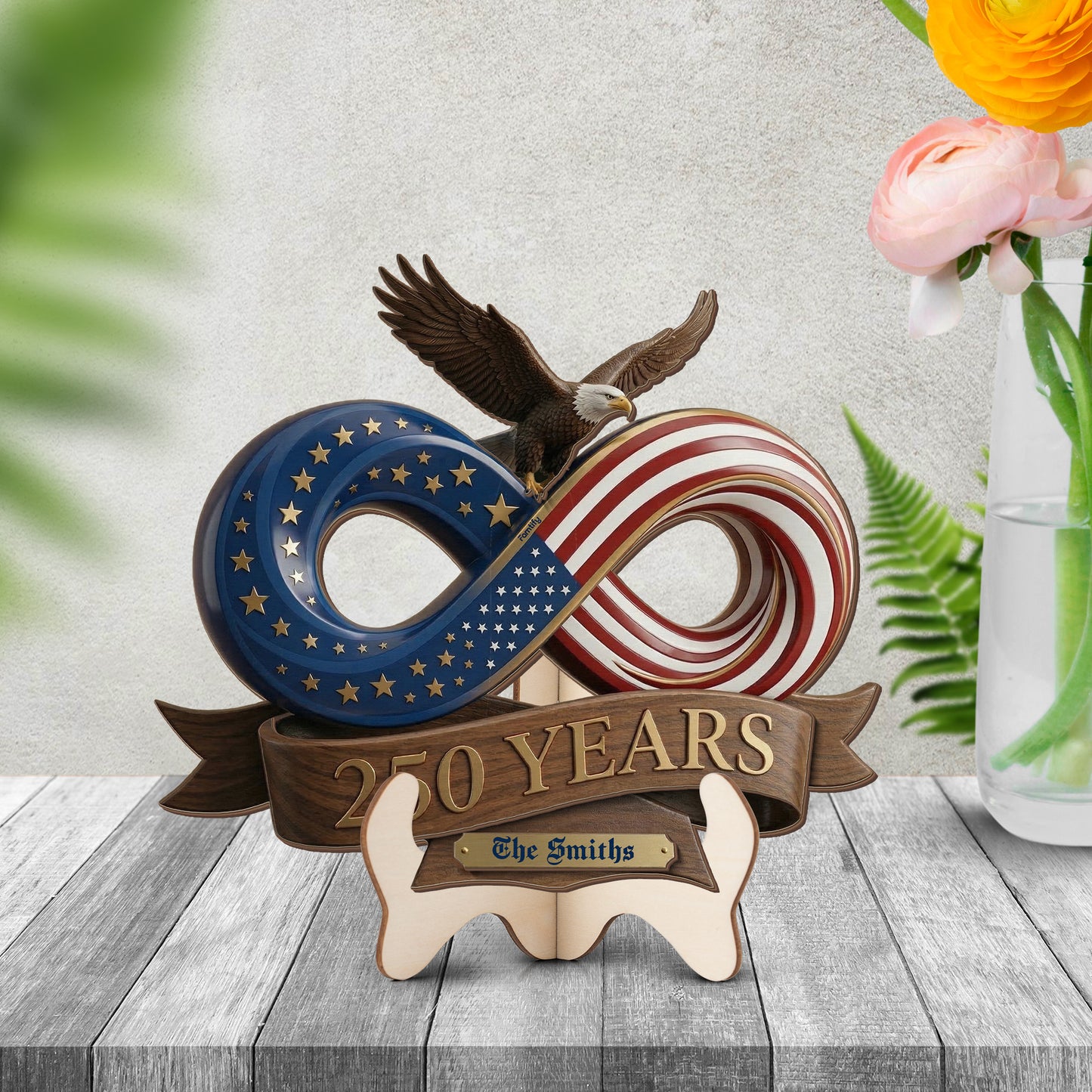 Personalized USA 250th Anniversary Infinity Wood Sign – Patriotic Eagle American Flag 2-Layer Wooden Decor