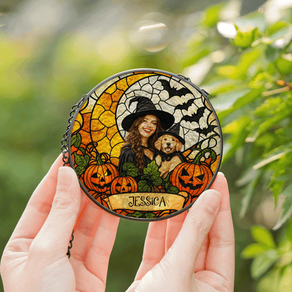 Personalized Halloween Witch Custom Photo Pet Stained Glass Suncatcher Window Hanging Custom Name Home Wall Decor