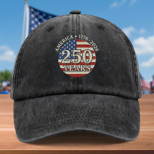 America 250 Years 1776-2026 Embroidered Washed Denim Baseball Cap - Custom Name Patriotic USA Anniversary Hat
