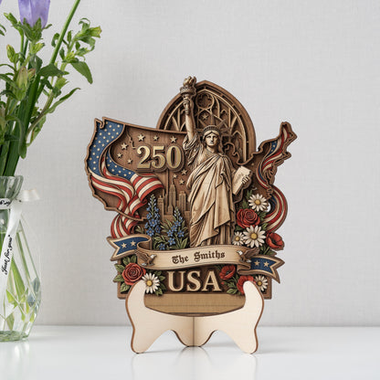 USA 250th Anniversary 2 Layer Wood Sign Statue Of Liberty Patriotic Custom Family Name Decor