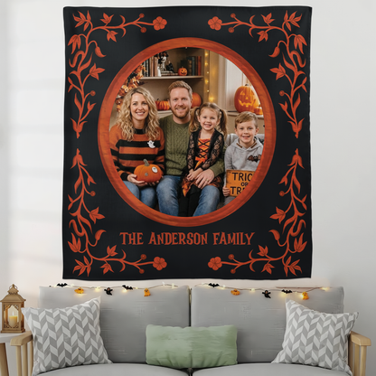 Personalized Halloween Floral Vine Photo Tapestry, Custom Family Photo Name Wall Hanging Decor, Spooky Vintage Frame Party Backdrop