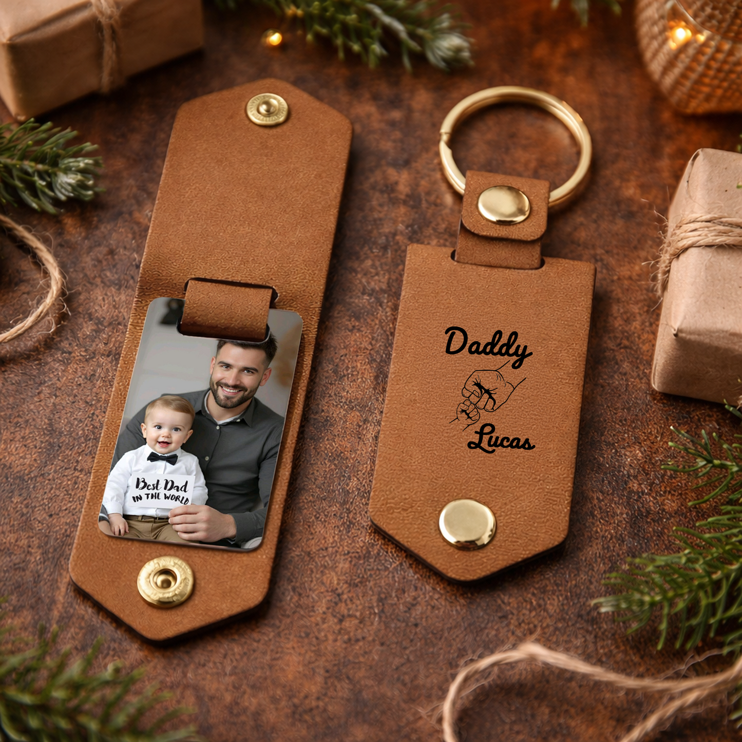 Personalized Leather Photo Keychain with Engraved Tag – Custom Memory Gift for Dad – Father’s Day Keepsake Keychain