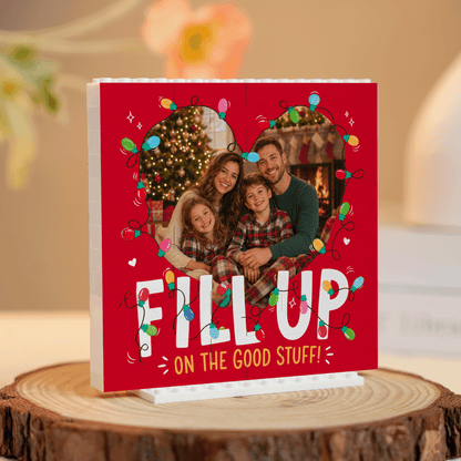 Personalized Photo Christmas Building Block in Festive Red, Custom Family Picture Xmas Fairy Lights "Fill Up On The Good Stuff" Brick Puzzle Keepsake Decor, Holiday Desk Gift