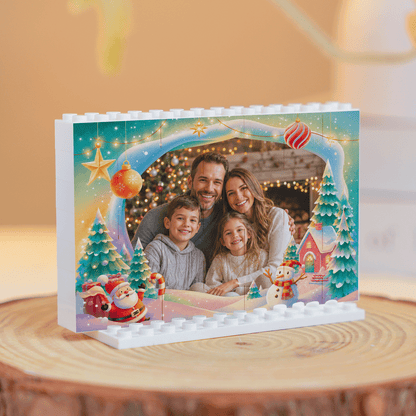 Personalized Photo Christmas Building Block in Aqua Blue, Custom Family Picture Magical Winter Village Santa & Snowman Brick Puzzle Keepsake Decor, Festive Holiday Desk Gift