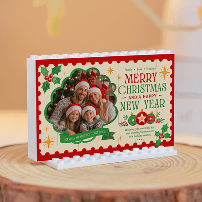 Personalized Photo Christmas Building Block in Stamp Frame, Custom Family Picture "Merry Christmas & Happy New Year" Brick Puzzle Keepsake Decor, Festive Holiday Desk Gift