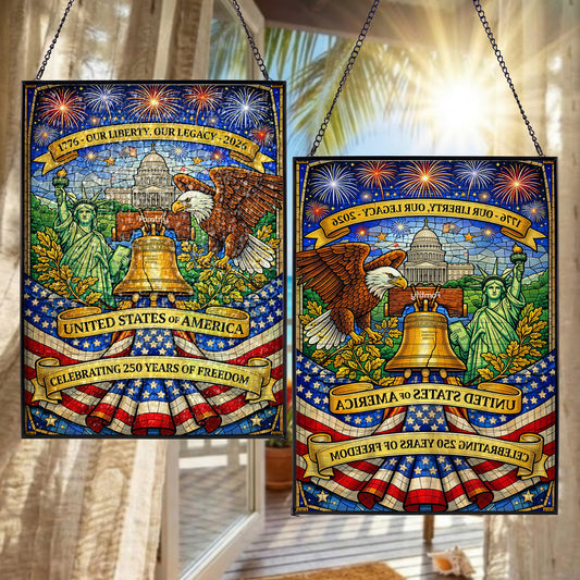 USA 250th Anniversary Stained Glass Suncatcher - Liberty Bell Eagle 1776 - 2026 Patriotic Window Hanging Decor