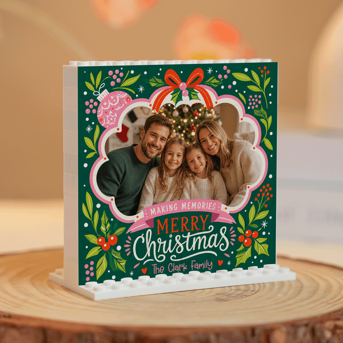 Personalized Photo Christmas Building Block in Emerald Green, Custom Family Name Folk Floral Ribbon "Merry Christmas" Brick Puzzle Keepsake Decor, Festive Holiday Desk Gift