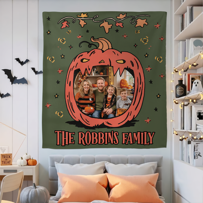 Personalized Halloween Pumpkin Face Photo Tapestry, Custom Family Photo Name Wall Hanging Decor, Spooky Jack-o'-Lantern Party Backdrop