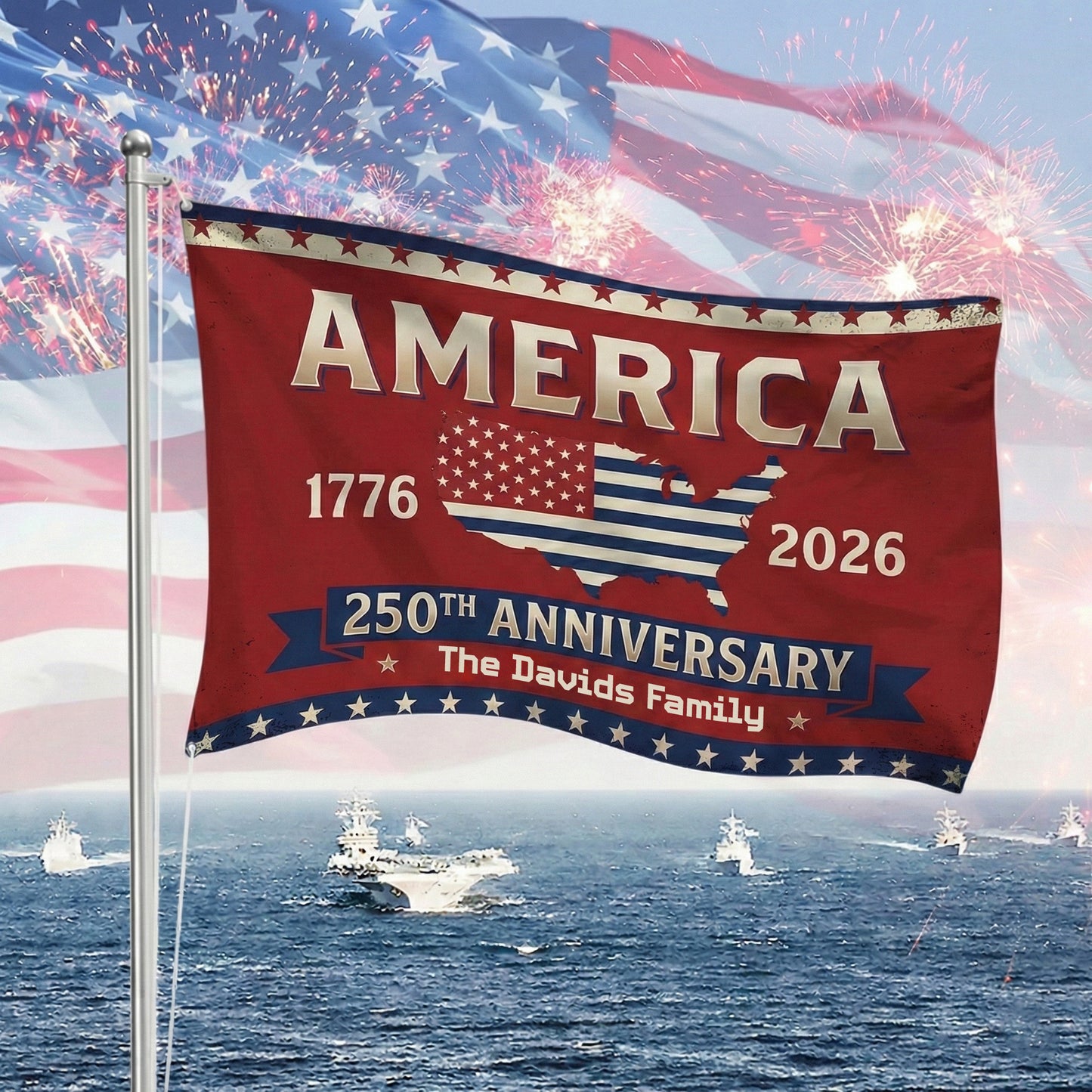 Personalized Family Name America 250th Anniversary Banner House Flag Red