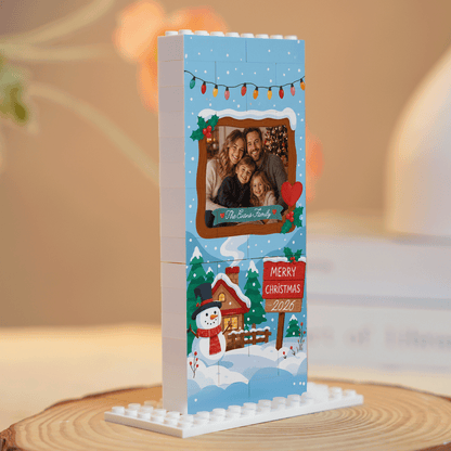 Personalized Photo Christmas Building Block in Sky Blue, Custom Family Name Wooden Window & Snowman Brick Puzzle Keepsake Decor, Festive Holiday Desk Gift