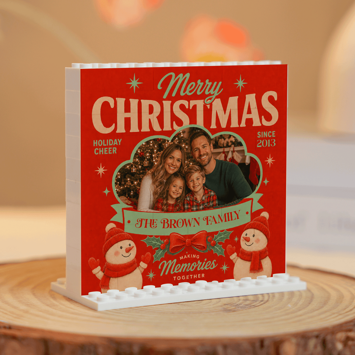 Personalized Photo Christmas Building Block in Classic Red, Custom Family Picture Dual Snowmen & Family Name Brick Puzzle Keepsake Decor, Festive Holiday Desk Gift