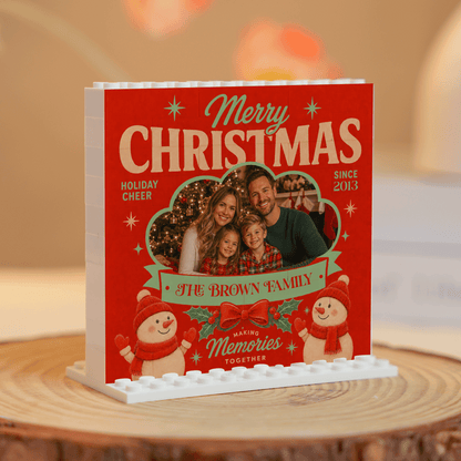Personalized Photo Christmas Building Block in Classic Red, Custom Family Picture Dual Snowmen & Family Name Brick Puzzle Keepsake Decor, Festive Holiday Desk Gift