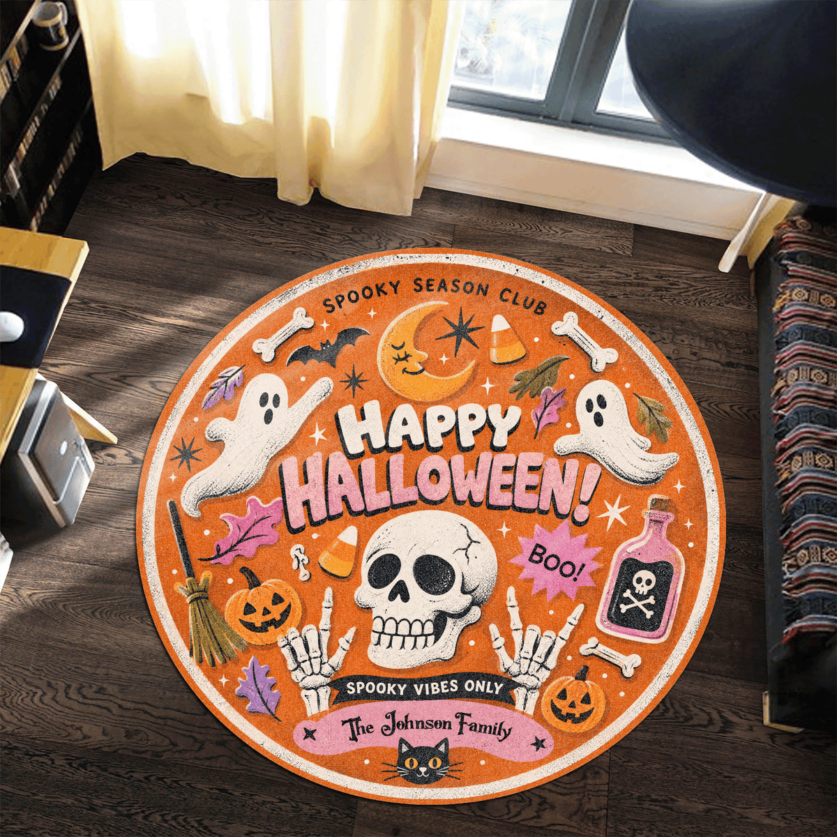 Personalized Happy Halloween Skull Ghost Spooky Season Club Round Rug Custom Family Name Home Decor Floor Mat