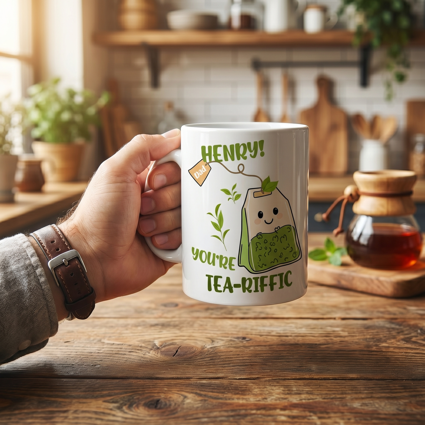 Personalized Tea-riffic Mug for Dad – Custom Name Ceramic Mug, Funny Gift for Father, Birthday Gift Idea