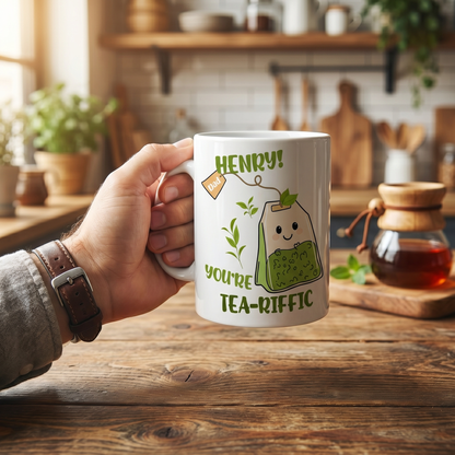 Personalized Tea-riffic Mug for Dad – Custom Name Ceramic Mug, Funny Gift for Father, Birthday Gift Idea