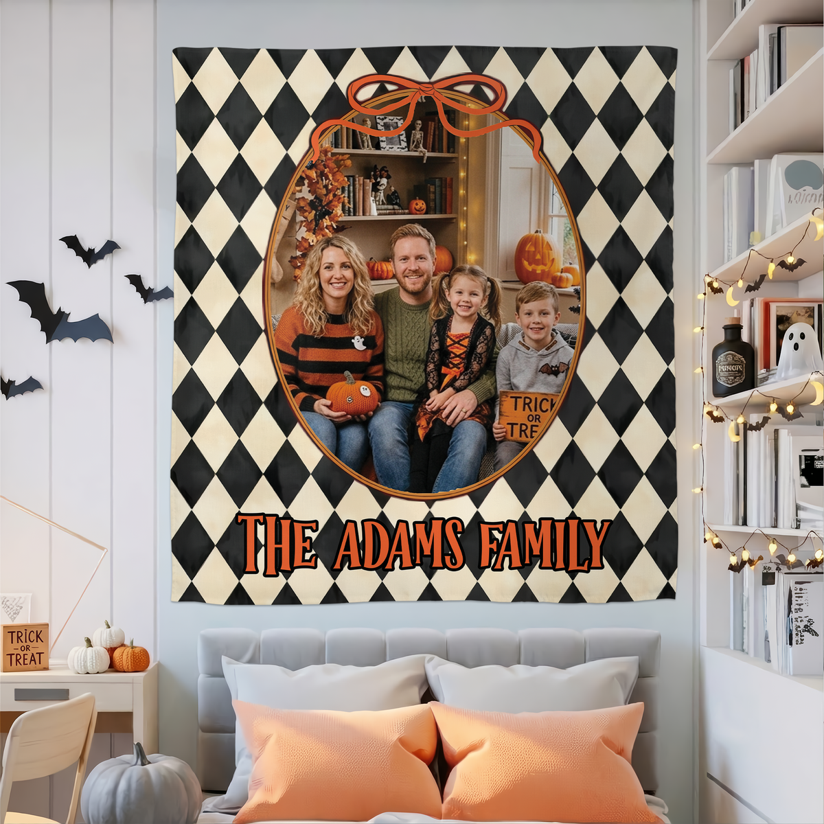 Personalized Halloween Diamond Pattern Photo Tapestry, Custom Family Photo Name Wall Hanging Decor, Spooky Harlequin Party Backdrop