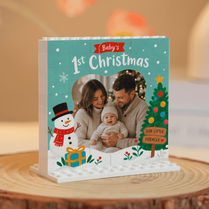 Personalized Photo Christmas Building Block in Mint Green, Custom Baby First Christmas Photo Cute Snowman & Christmas Tree Brick Puzzle Keepsake Decor, Holiday Gift for New Parents