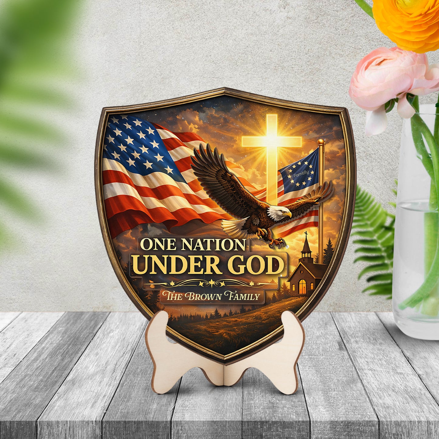 One Nation Under God USA 250th Anniversary Personalized 2-Layer Wood Sign – Custom Family Name Patriotic Door Sign