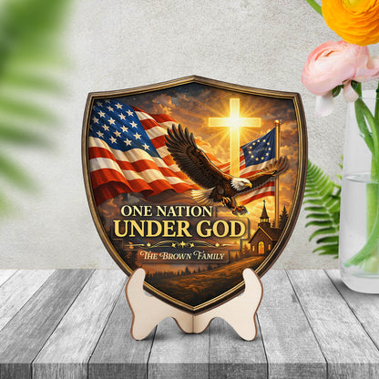 One Nation Under God USA 250th Anniversary Personalized 2-Layer Wood Sign – Custom Family Name Patriotic Door Sign