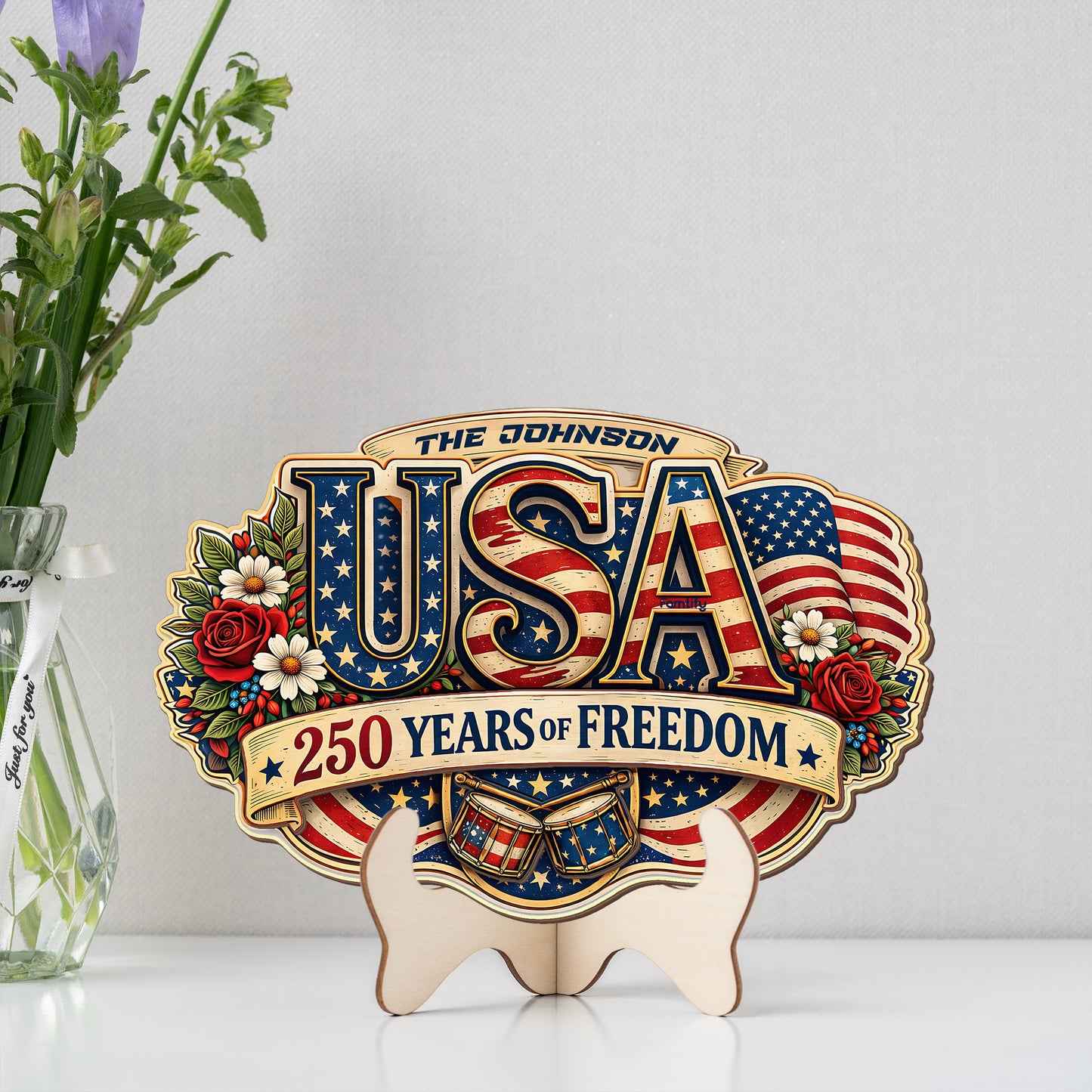Personalized USA 250 Years of Freedom 2-Layer Wood Sign – Patriotic Floral Letter Door Decor