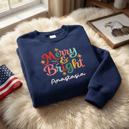 Personalized Embroidered Merry and Bright Sweatshirt with Custom Name