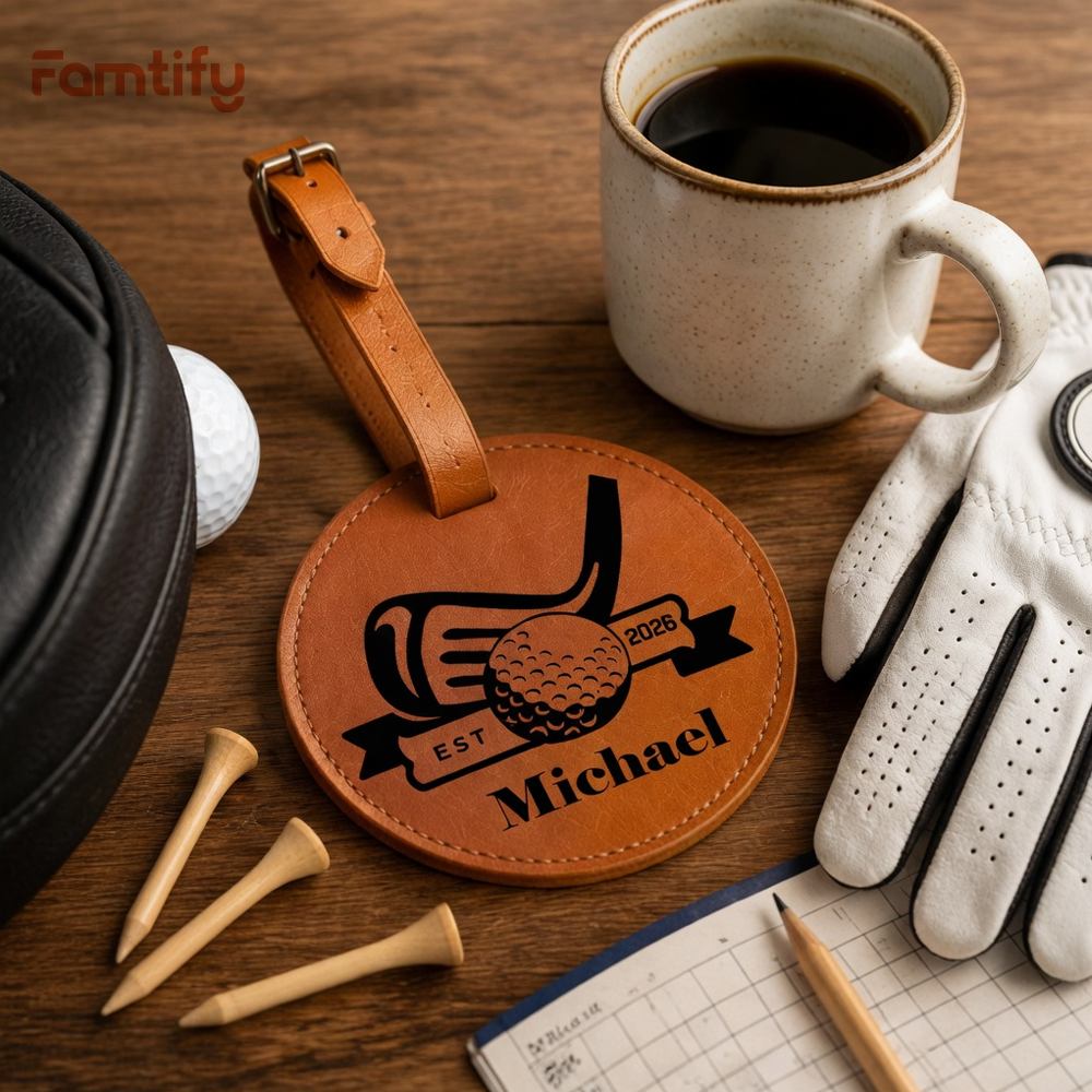 Personalized Leather Golf Bag Tag for Dad – Custom Name Golf Gift