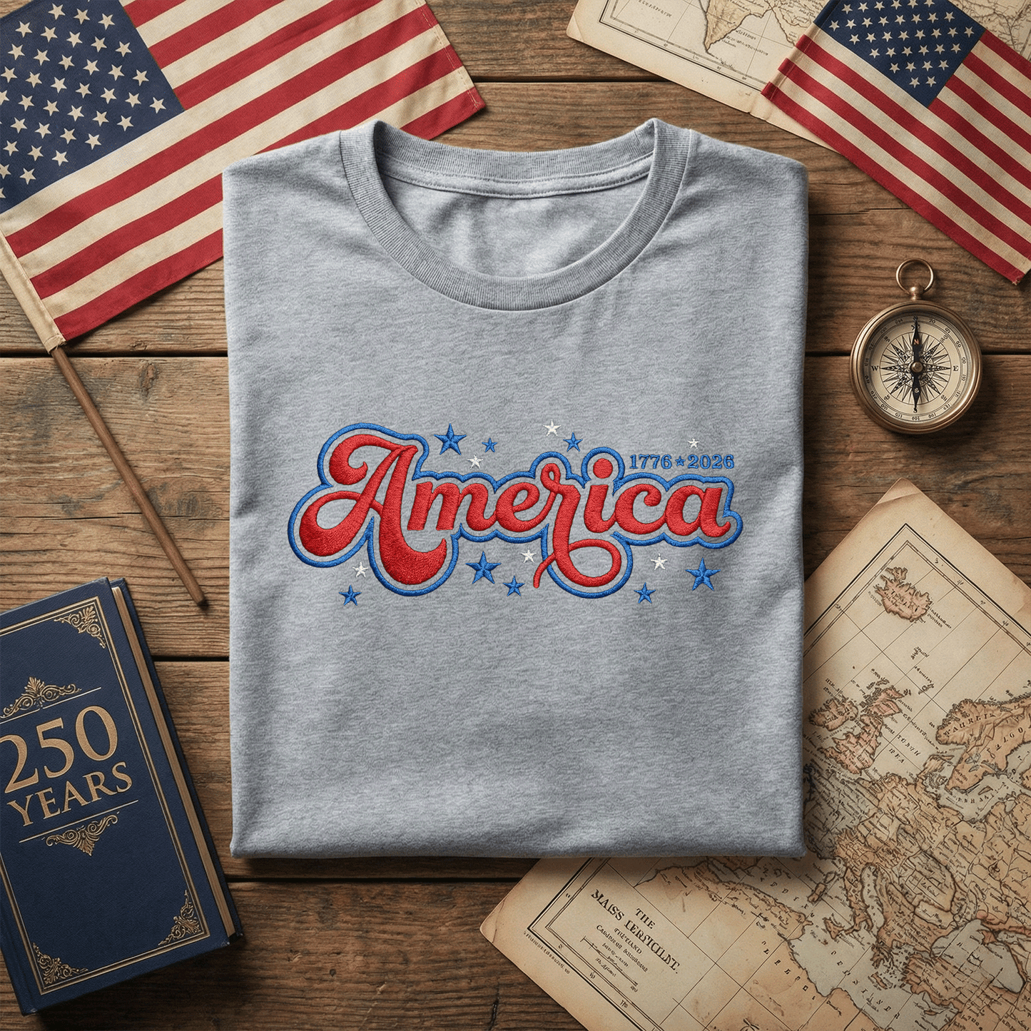 USA 250 Freedom - Embroidered T-Shirt 1776-2026 Patriotic Design