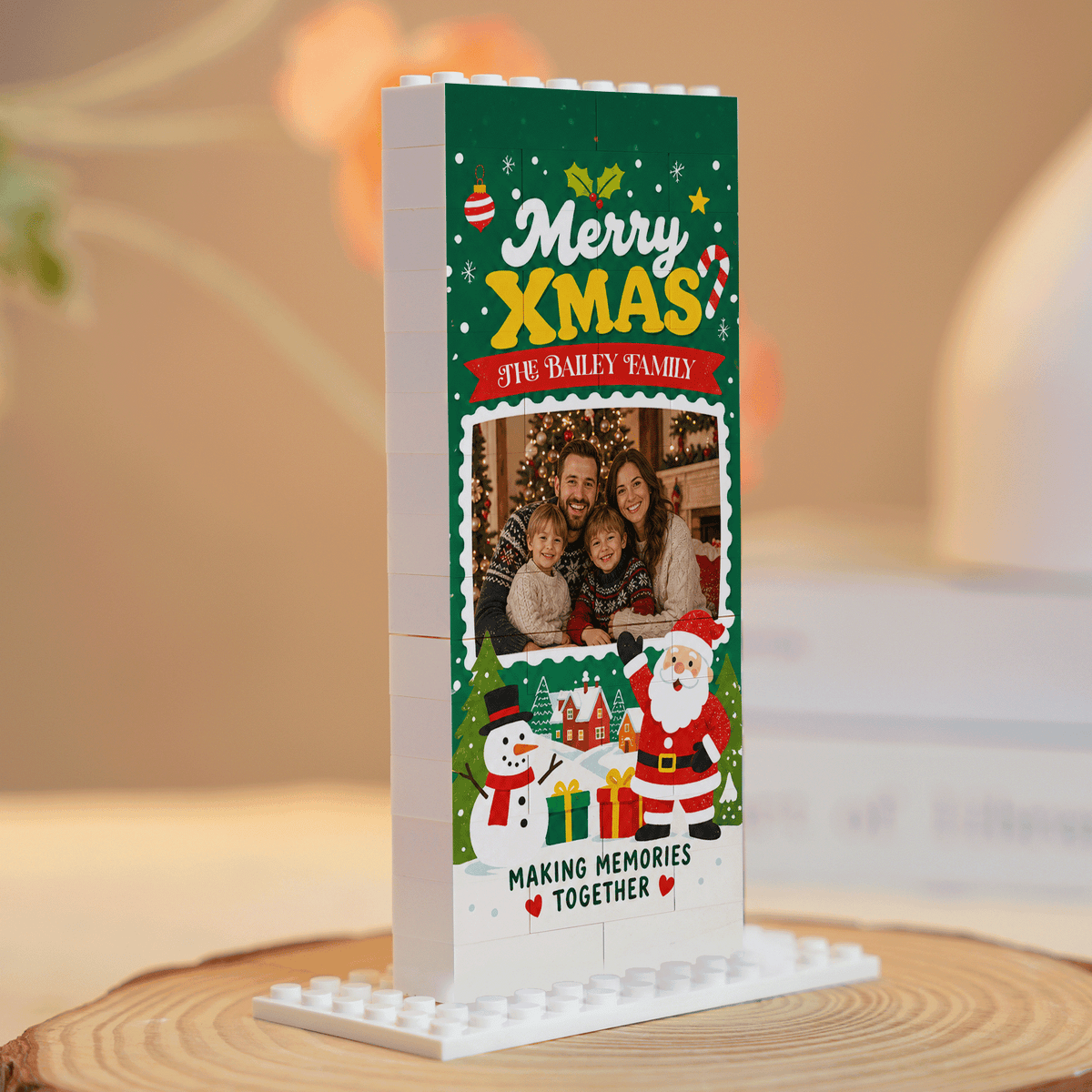 Personalized Photo Christmas Building Block in Deep Green, Custom Family Name Santa Claus & Snowman Brick Puzzle Keepsake Decor, Festive Holiday Desk Gift
