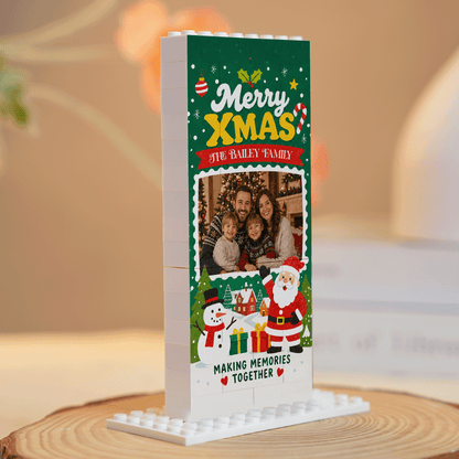 Personalized Photo Christmas Building Block in Deep Green, Custom Family Name Santa Claus & Snowman Brick Puzzle Keepsake Decor, Festive Holiday Desk Gift