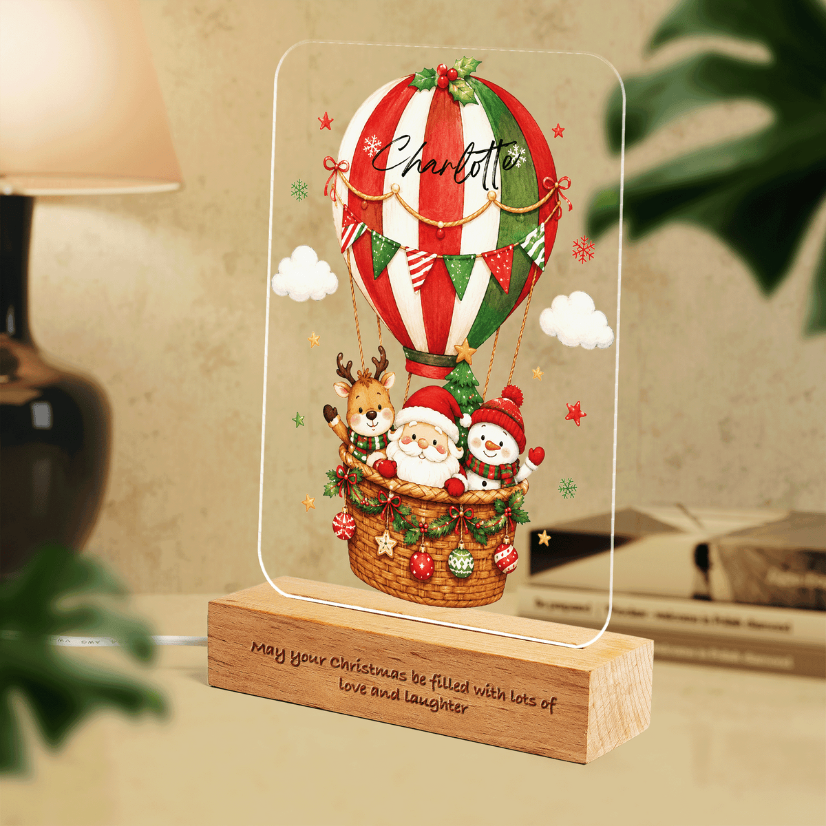 Custom Christmas Hot Air Balloon Name Night Light - Personalized Santa Reindeer Snowman Acrylic Night Light with Engraved Beech Wood Base