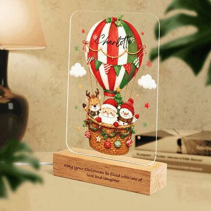 Custom Christmas Hot Air Balloon Name Night Light - Personalized Santa Reindeer Snowman Acrylic Night Light with Engraved Beech Wood Base
