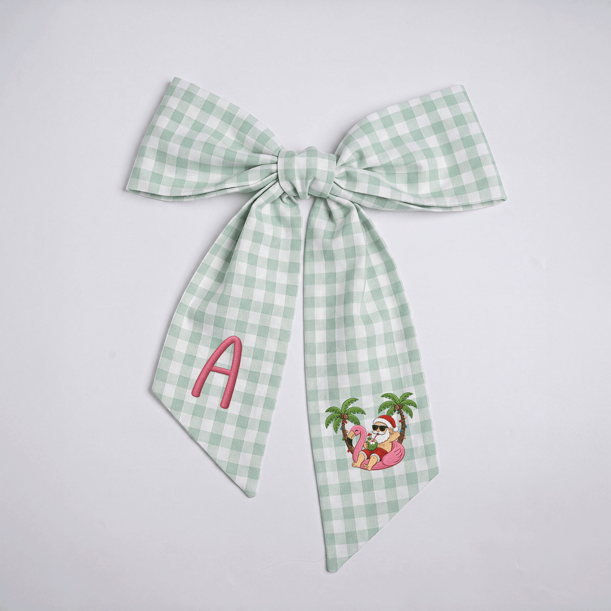 Custom Monogram Tropical Santa Gingham Wreath Bow, Personalized Initial Beach Flamingo Santa Christmas Wreath Sash & Front Door Decor