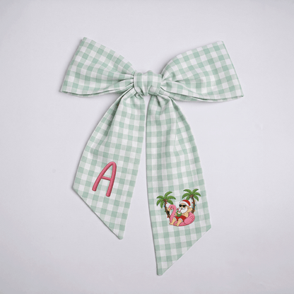 Custom Monogram Tropical Santa Gingham Wreath Bow, Personalized Initial Beach Flamingo Santa Christmas Wreath Sash & Front Door Decor