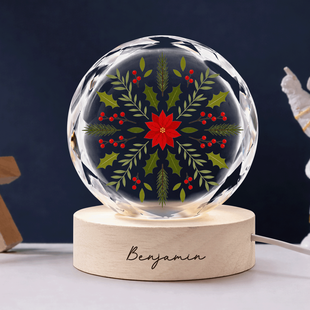 Custom Botanical Snowflake Poinsettia 3D Laser Engraved Crystal Ball with LED Wooden Standee, Personalized Name Holiday Night Light Keepsake