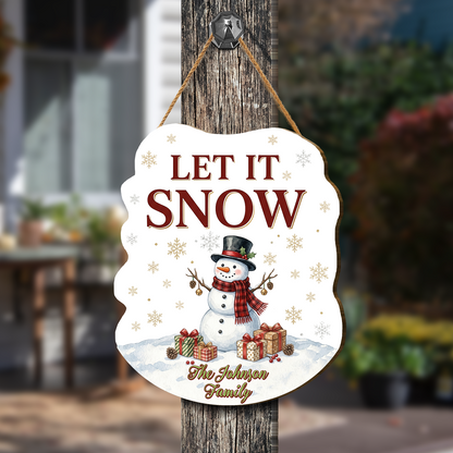 Personalized Snowman Custom Shape Wood Sign, Custom Family Name Let It Snow Winter Wooden Hanging Plaque, Festive Holiday Door & Wall Decor Family Gift